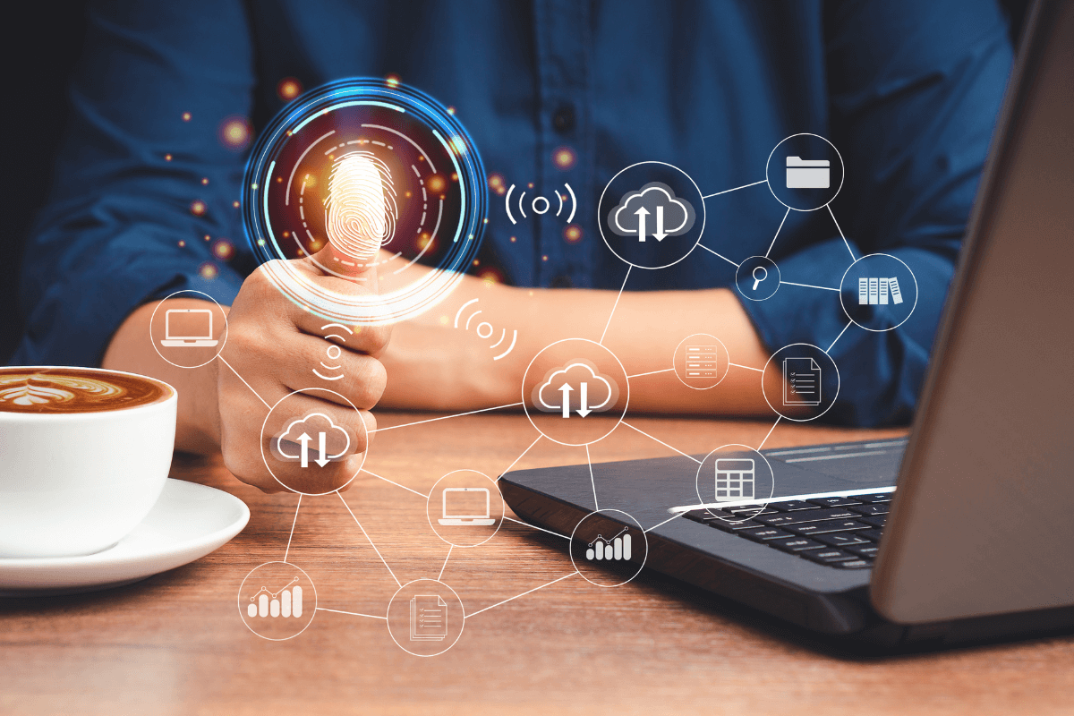 Illustration de l'authentification biométrique (empreinte digitale) pour la Gestion des Identités et des Accès (IAM), essentielle pour la cybersécurité pour PME et la sécurisation des données Cloud.