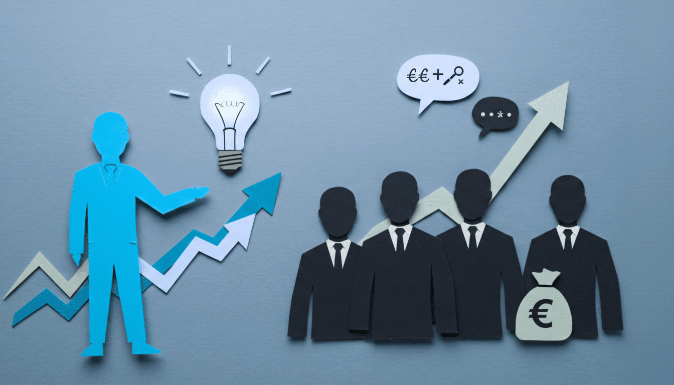 Infographie illustrant la présentation des résultats d'un audit informatique entreprise aux investisseurs.