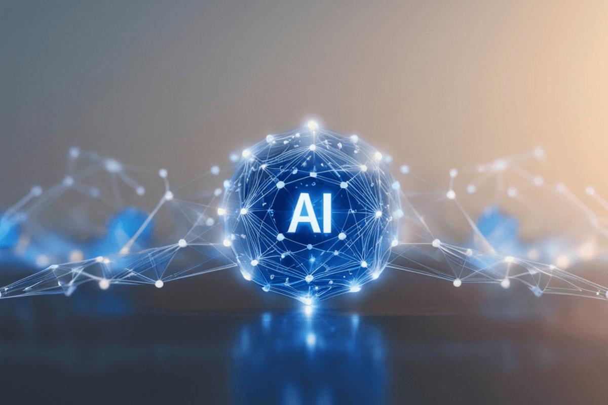 Sphère lumineuse et nœuds interconnectés illustrant la puissance de calcul nécessaire au déploiement informatique de modèles IA.